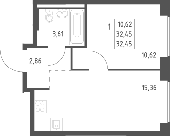2-комн., 32.45 м², 12/12 этаж, ЖК «Большое Юрлово»