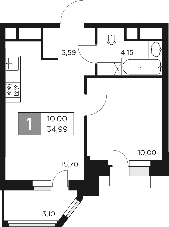 2-комн., 33.44 м², 11/17 этаж, ЖК «Восток 2»