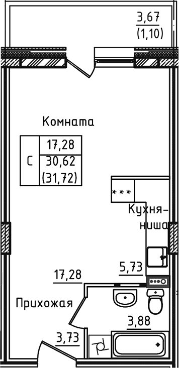 Студия, 30.62 м², 1/5 этаж, ЖК «Зеленый город»