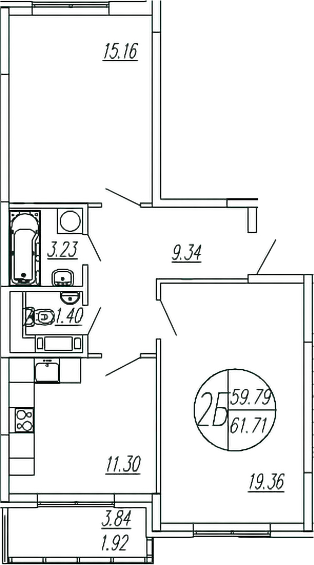 2-комн., 59.79 м², 4/4 этаж, ЖК «Шолохово»