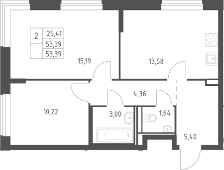 2-комн., 53.39 м², 17/17 этаж, ЖК «Горки Парк»