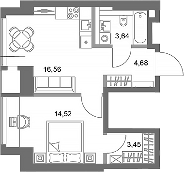 1-комн., 42.85 м², 8/75 этаж, ЖК «ФАЙВ ТАУЭРС»