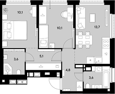 2-комн., 51 м², 17/18 этаж, ЖК «Грейд»