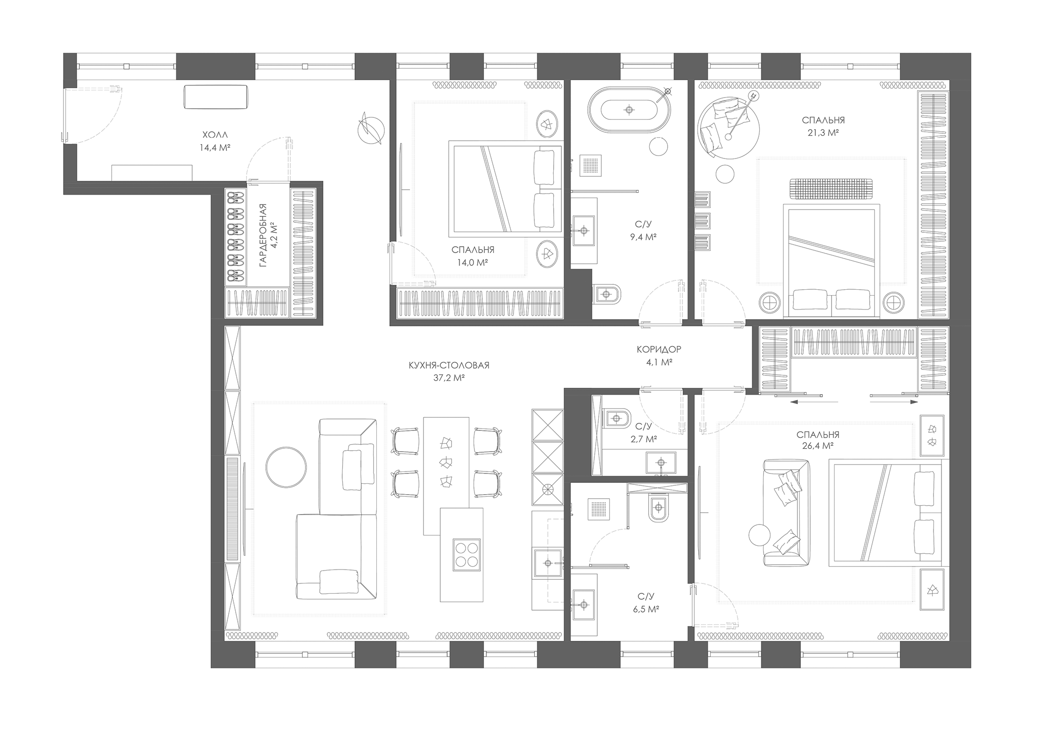 3-комн., 140.2 м², 2/4 этаж, ЖК «Магнум СОЛО»