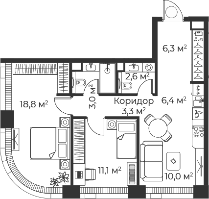 3-комн., 61.4 м², 55/71 этаж, ЖК «Веер»