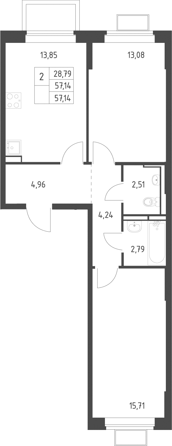 2-комн., 57.14 м², 7/12 этаж, ЖК «Новое Видное»
