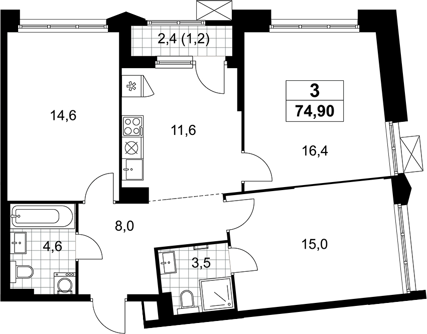 3-комн., 73.7 м², 10/16 этаж, ЖК «Деснаречье»
