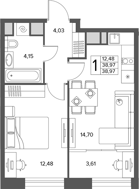 1-комн., 38.97 м², 8/16 этаж, ЖК «Городской бор»