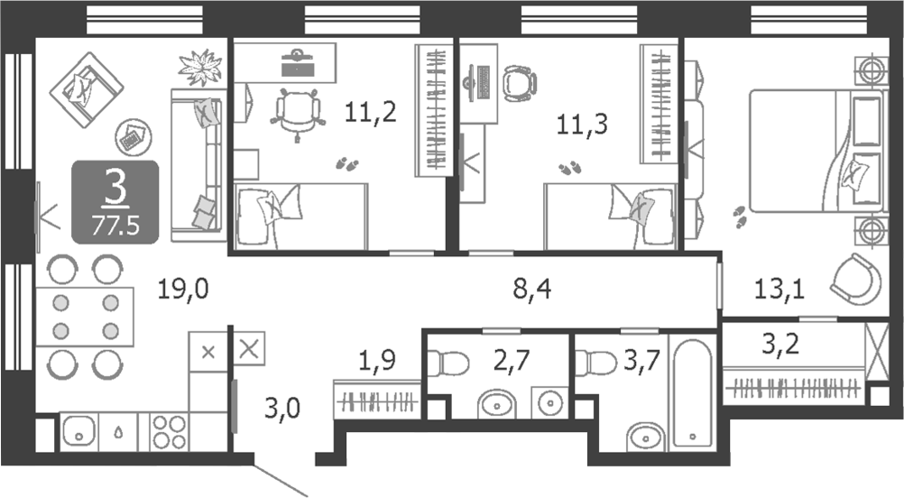 4+ комнаты, 77.5 м², 17/19 этаж, ЖК «Шагал»