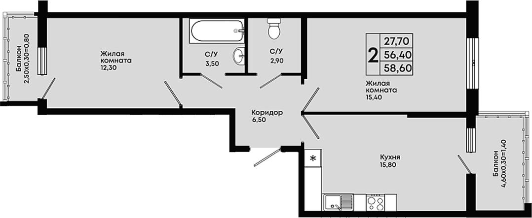 2-комн., 56.4 м², 2/18 этаж, ЖК «Премьер»