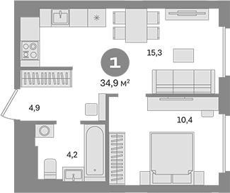 1-комн., 34.9 м², 25/30 этаж, ЖК «Квартал Герцена»