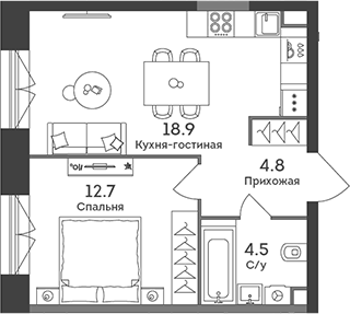 2-комн., 40.9 м², 7/43 этаж, ЖК «ЭРА»