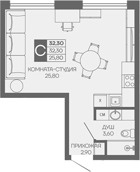 Студия, 32.3 м², 1/9 этаж, ЖК «Иначе в Молодежном»