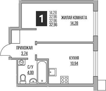 1-комн., 32.96 м², 2/14 этаж, ЖК «Гранель Притяжение Сити»