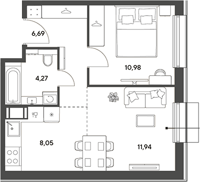 2-комн., 41.93 м², 3/14 этаж, ЖК «Публицист»