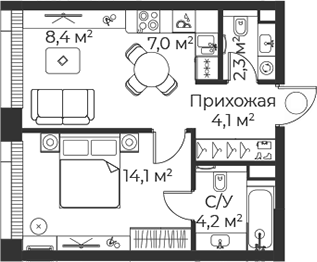 2-комн., 40.2 м², 27/38 этаж, ЖК «Веер»