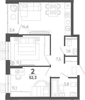 2-комн. квартира, 49.7 м² в ЖК Барса — фото 2