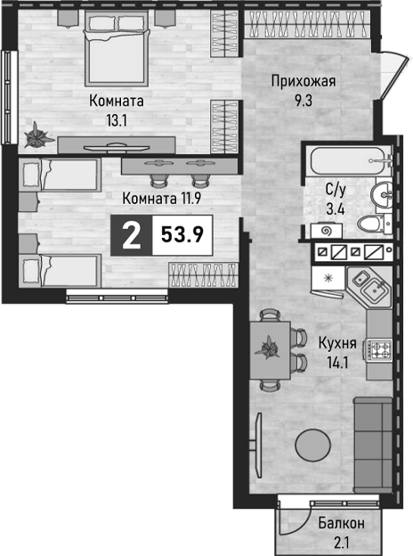 2-комн., 51.8 м², 7/10 этаж, ЖК «Живописный»