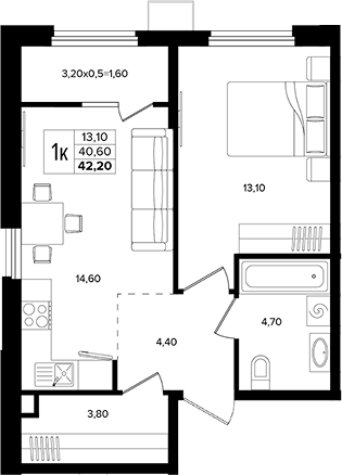 Продается 1-комн. квартира, 40.6 м²