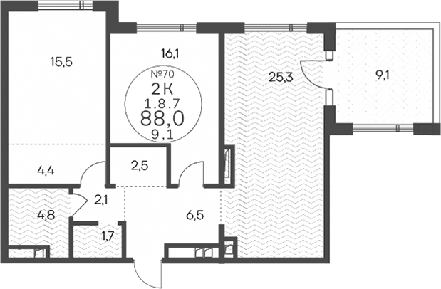 2-комн., 78.87 м², 8/14 этаж, ЖК «Клубный квартал КРЫЛАТСКАЯ 33»