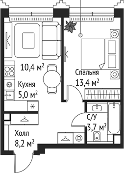 2-комн., 40.7 м², 36/59 этаж, ЖК «СЕТ»
