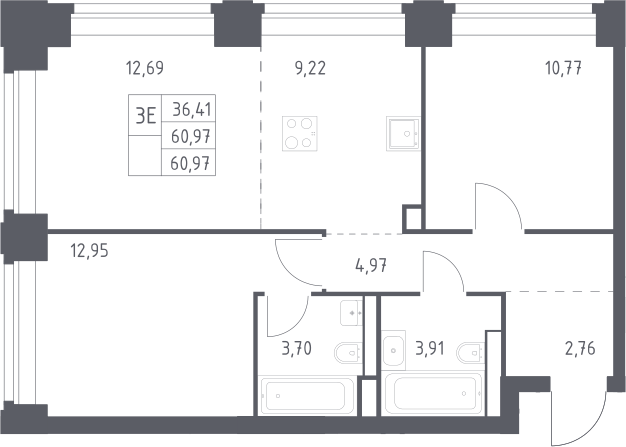 3-комн., 60.97 м², 17/40 этаж, ЖК «НОВА»