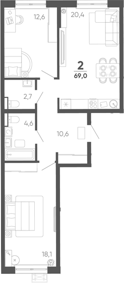 2-комн. квартира, 69 м² в ЖК Барса — фото 2