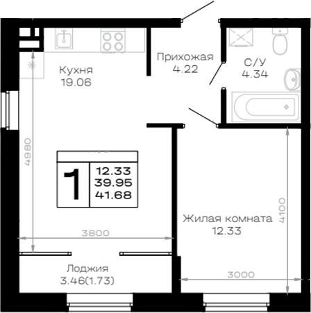 1-комн., 39.95 м², 1/4 этаж, ЖК «Усадьба Гостагаевская»