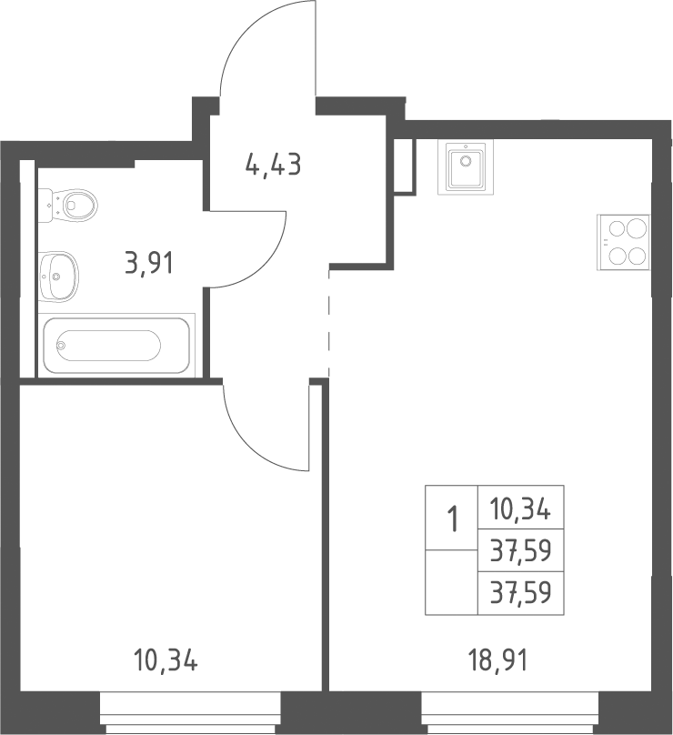 2-комн., 37.59 м², 11/11 этаж, ЖК «Большое Юрлово»