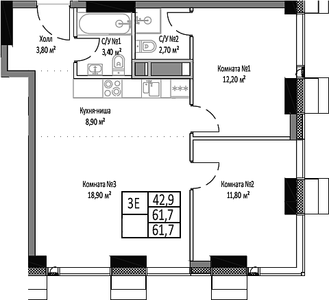 3-комн., 61.7 м², 12/35 этаж, ЖК «Мираполис»