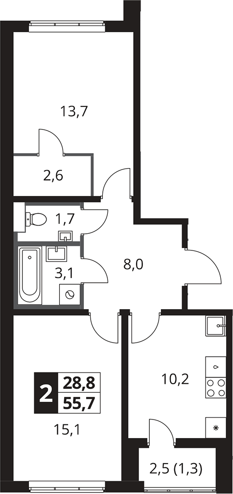 2-комн., 54.4 м², 2/25 этаж, ЖК «1-й Южный»