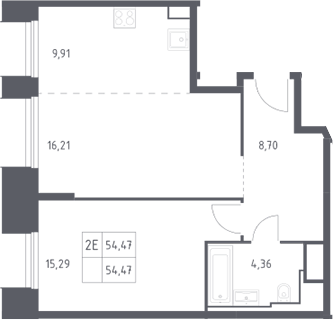 2-комн., 54.47 м², 21/30 этаж, ЖК «Скай Спутник»