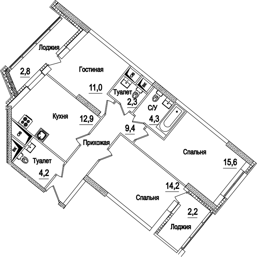 3-комн., 73.9 м², 17/22 этаж, ЖК «Рассказово»