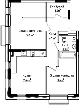2-комн., 55.3 м², 1/6 этаж, ЖК «Коллекция»