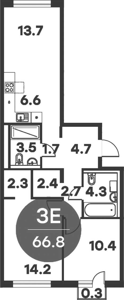 3-комн., 66.5 м², 5/6 этаж, ЖК «Равновесие»