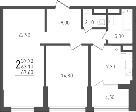 2-комн. квартира, 63.1 м² в ЖК Югге — фото 2