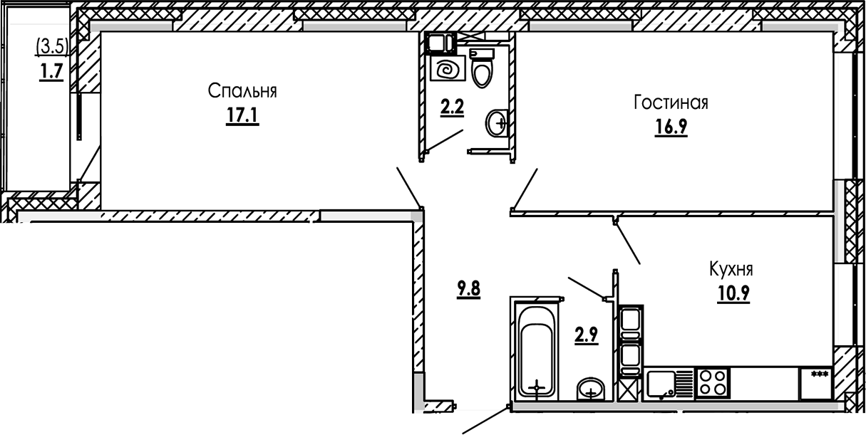 2-комн., 59.8 м², 10/12 этаж, ЖК «Малиново»
