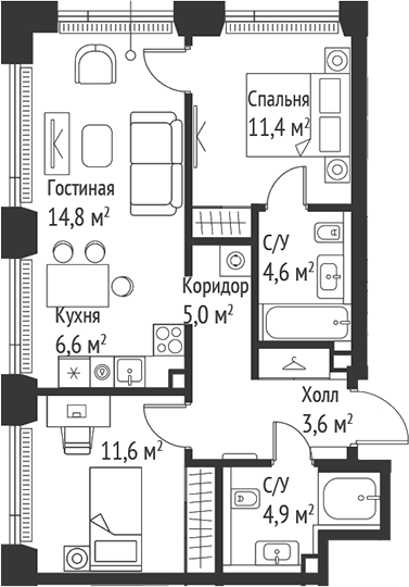 3-комн., 62.5 м², 28/59 этаж, ЖК «СЕТ»