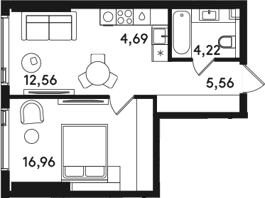 2-комн., 43.99 м², 30/41 этаж, ЖК «СОЛОС»