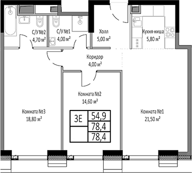 3-комн., 78.4 м², 13/33 этаж, ЖК «Мираполис»