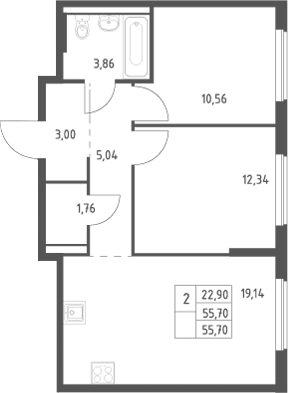 3-комн., 55.7 м², 9/9 этаж, ЖК «Большое Юрлово»