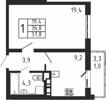 1-комн., 36.8 м², 8/9 этаж, ЖК «Пироговская ривьера. Мытищи»