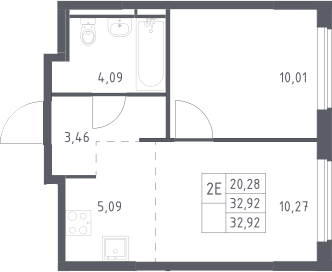 2-комн., 32.92 м², 2/17 этаж, ЖК «Мытищи Парк»