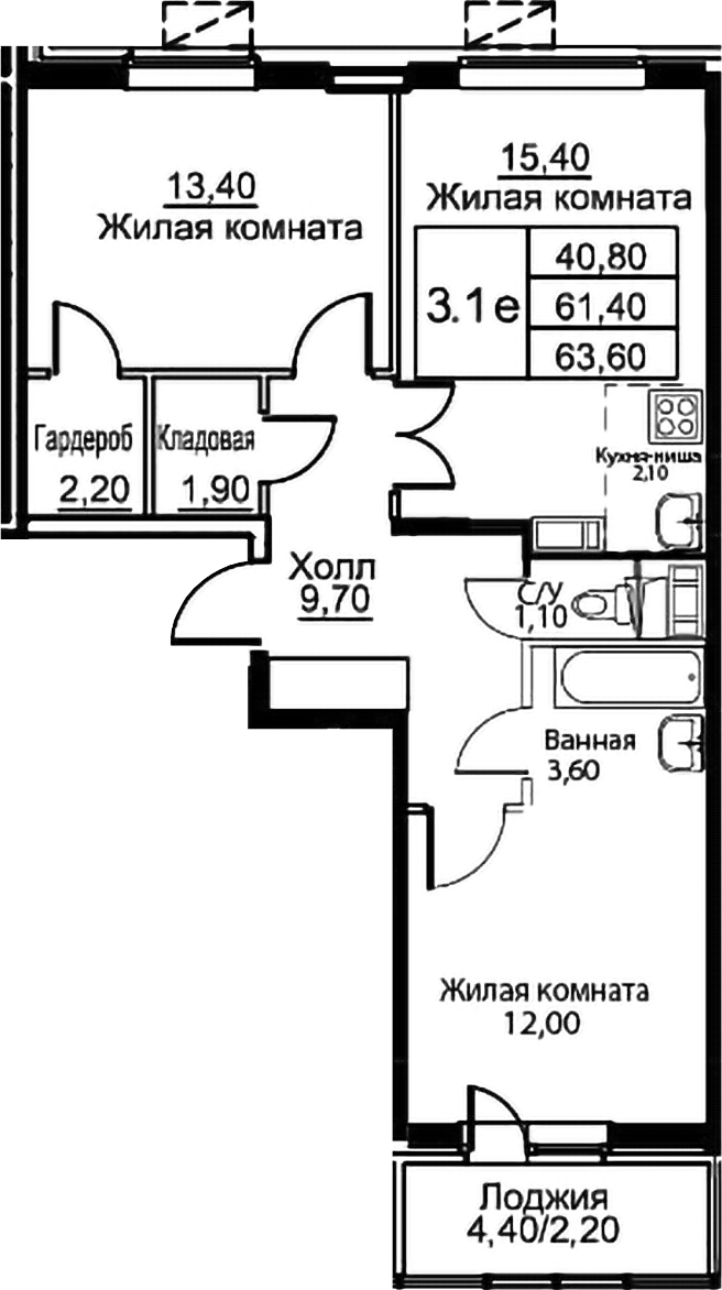 3-комн., 61.4 м², 7/12 этаж, ЖК «Кашинцево»
