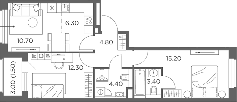 3-комн., 57.1 м², 12/23 этаж, ЖК «Белый Град»