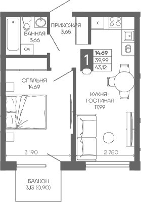 1-комн. квартира, 39.99 м² в ЖК Иначе в Молодежном — фото 2