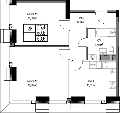 2-комн., 60.6 м², 12/35 этаж, ЖК «Мираполис»