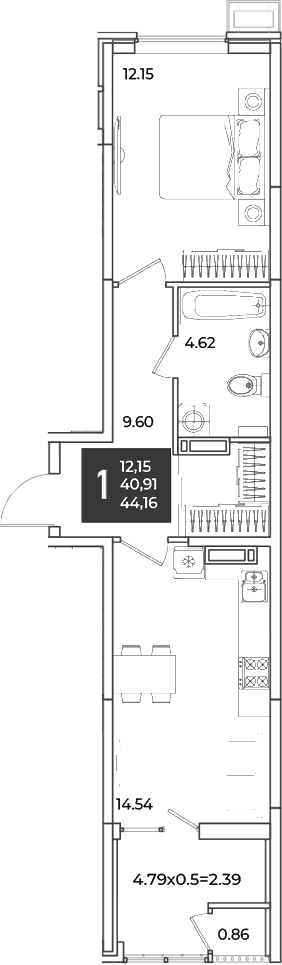 Продается 1-комн. квартира, 40.91 м²