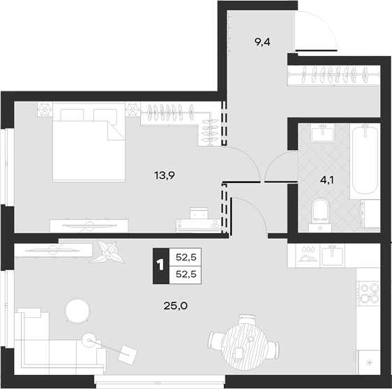 Продается 1-комн. квартира, 52.47 м²