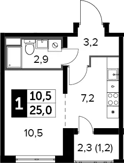 1-комн., 23.8 м², 21/24 этаж, ЖК «Южная Битца»
